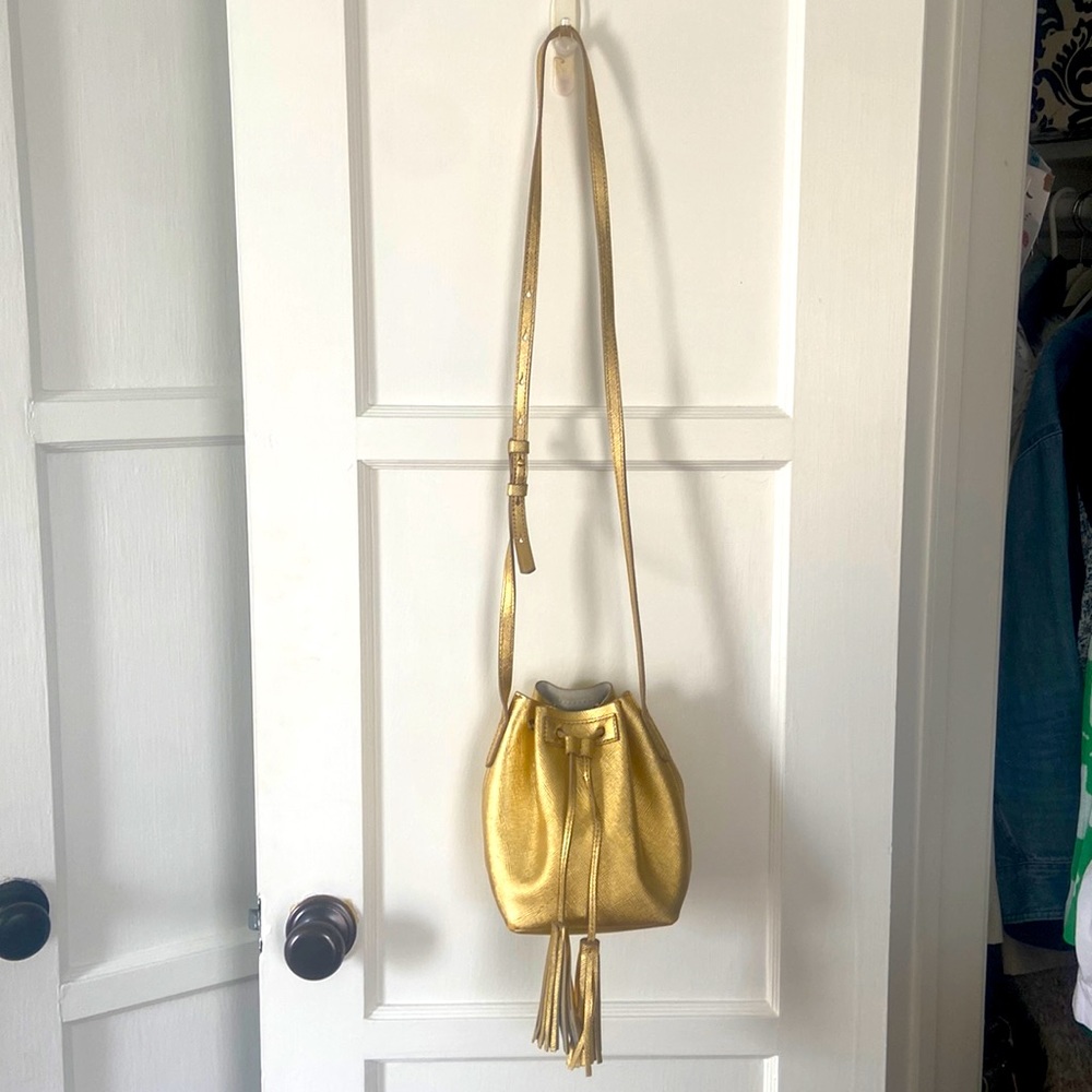 100% leather gold bucket crossbody